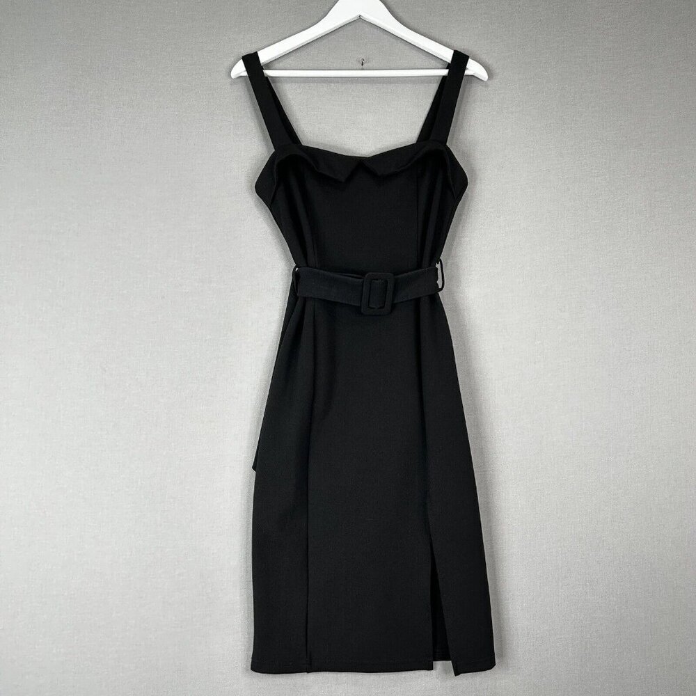 About Us Revolve Womens Dress Medium Black Midi Square Neck Belted Retro Pinup